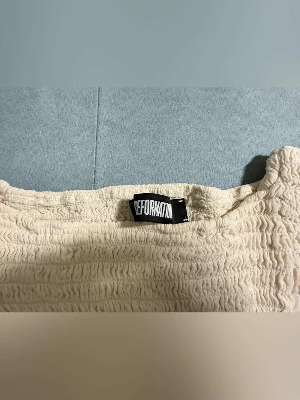 Reformation Cream Smocked Long-Sleeve Crop Top